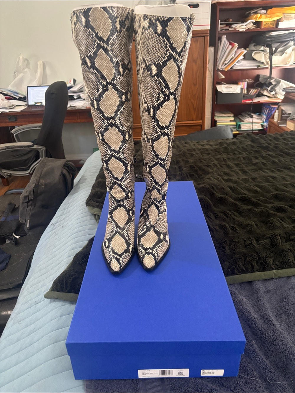 Stuart Weitzman Snake-Print Knee-High Boots in Beige and Black